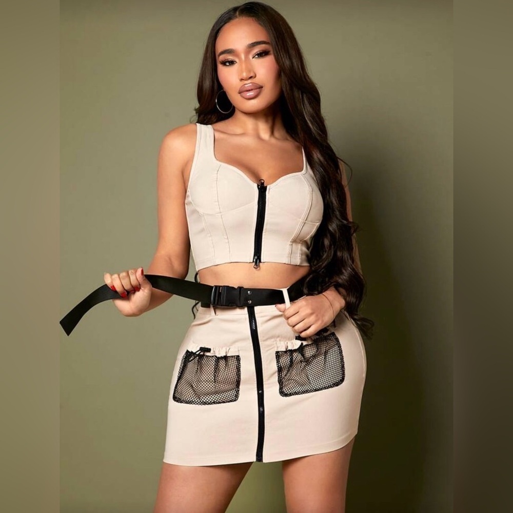 Khaki Matching set with a Zip Up Crop Top and  Skirt with Mesh Pockets size XS